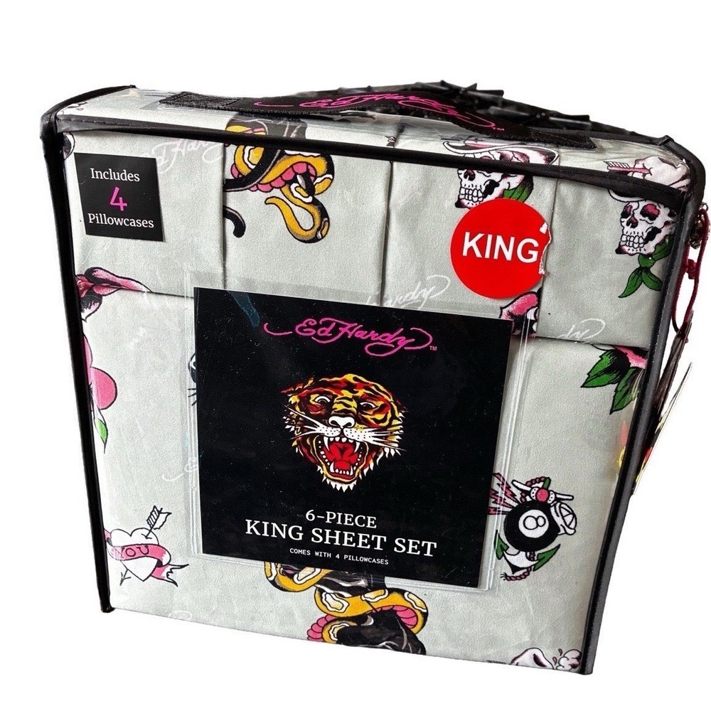 New Ed Hardy King Sheet Set 6 Piece Grey Tattoo Print Skulls Tiger 4 Pillowcase